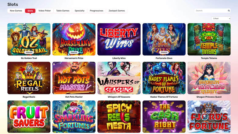 A slots lobby page showing a grid of fifteen game tiles under a 'Slots' heading with category tabs and a search field.