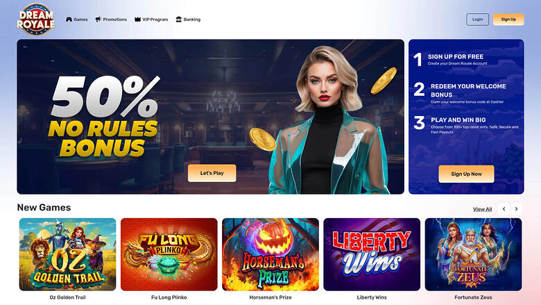A casino lobby homepage shows a 50% no rules bonus hero banner, a three-step sign-up panel, and a New Games row of five tiles.