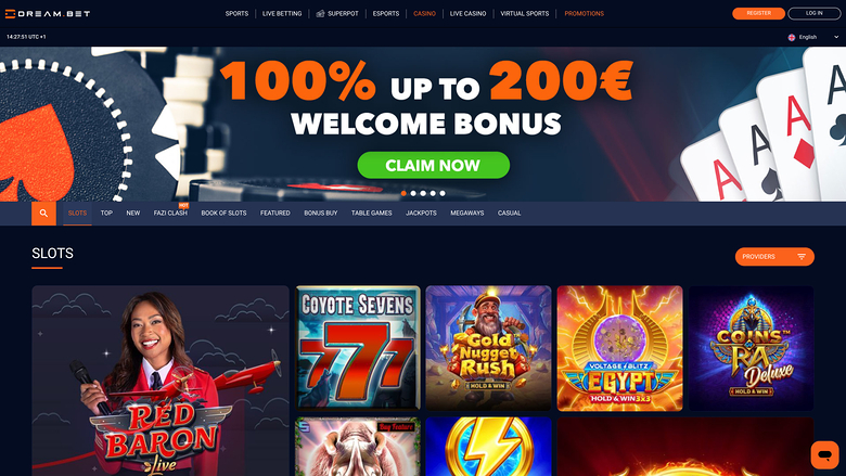 A Dream Bet casino lobby screenshot showing a 100% up to 200€ welcome bonus banner above a Slots section with game tiles.