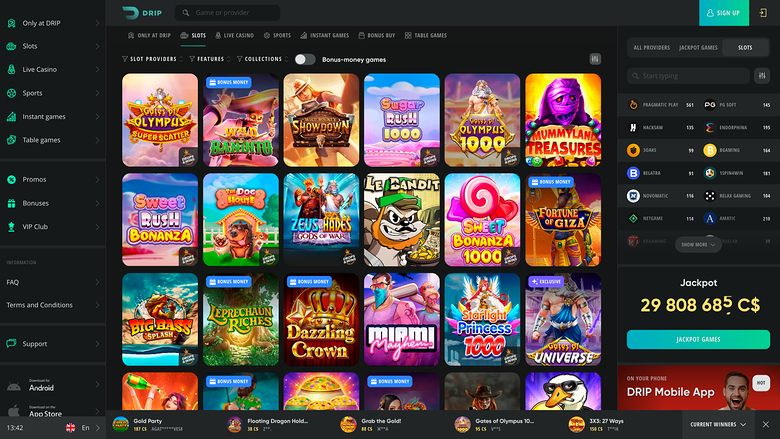 An online casino lobby screen showing a grid of game tiles with a left sidebar menu and a right panel containing filters and a jackpot amount.