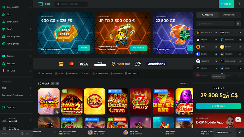 An online casino lobby screenshot showing a left sidebar menu, three promotional banners, payment logos, a Popular games row and a right-hand jackpot and provid