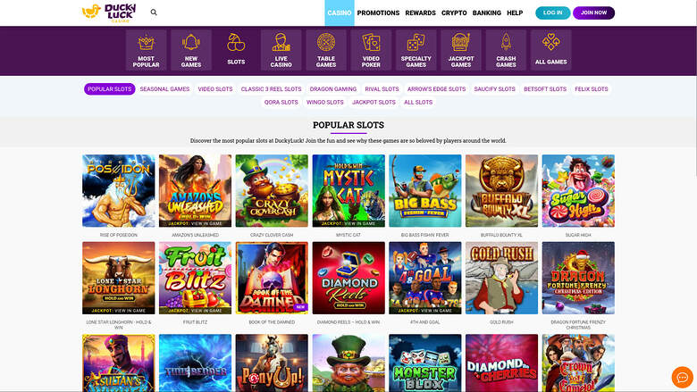 Ducky Luck casino lobby showing a Popular Slots category with a grid of slot game tiles and top navigation menus.