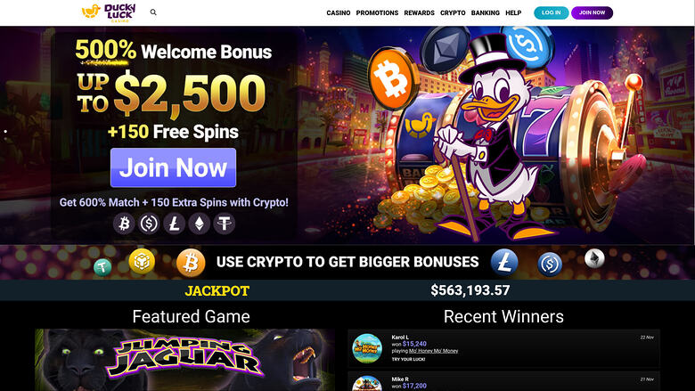 Ducky Luck casino homepage showing a 500% welcome bonus up to $2,500 with 150 free spins, a crypto bonus banner, a jackpot amount, a featured game and recent wi