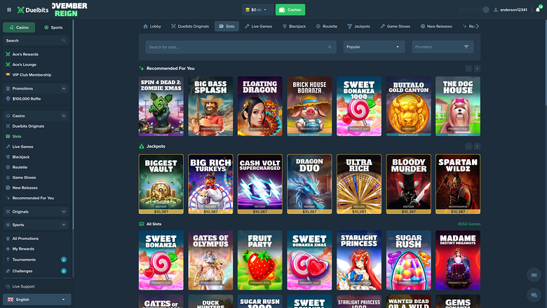 A desktop online casino lobby shows a left sidebar menu, a top navigation bar, and rows of game tiles under Recommended For You, Jackpots, and All Games.