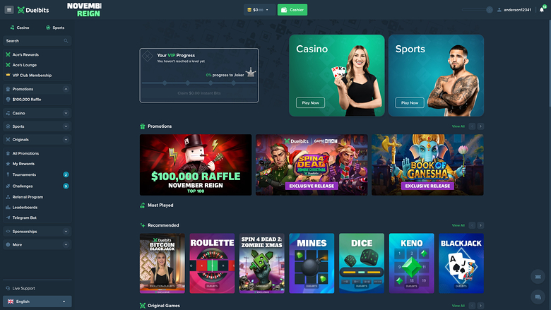 A logged-in online casino lobby shows a dark-themed dashboard with Casino and Sports entry cards, a promotions row and game tiles.
