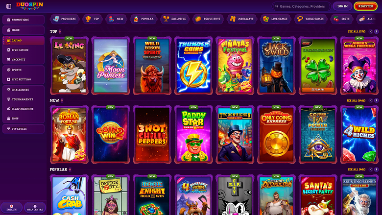 A DuxSpin casino lobby screen showing rows of game tiles under Top, New and Popular headings with a purple sidebar and top navigation bar.