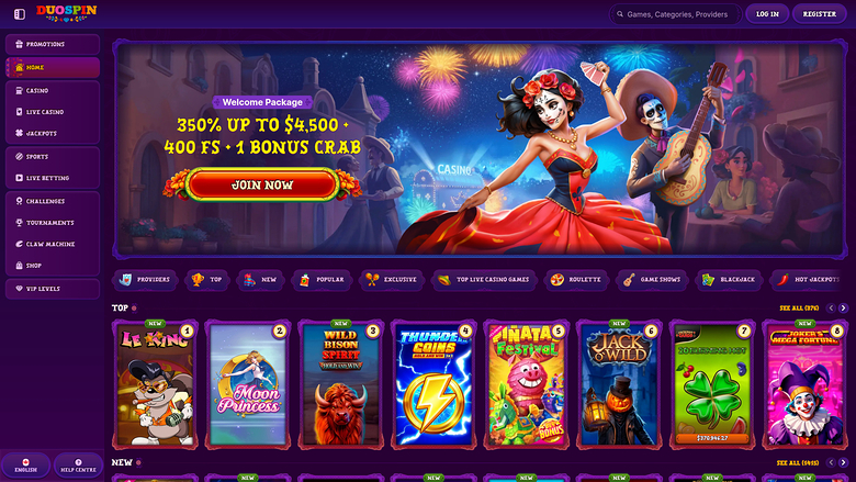 DuoSpin Casino lobby screen showing a welcome bonus hero banner and rows of game tiles.