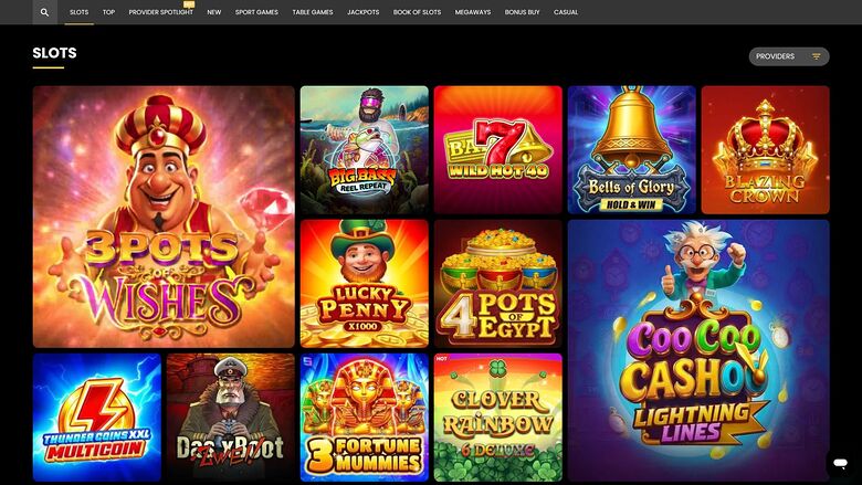 A slots lobby screen showing a grid of game tiles under a top navigation bar and a 'SLOTS' heading with a PROVIDERS button.