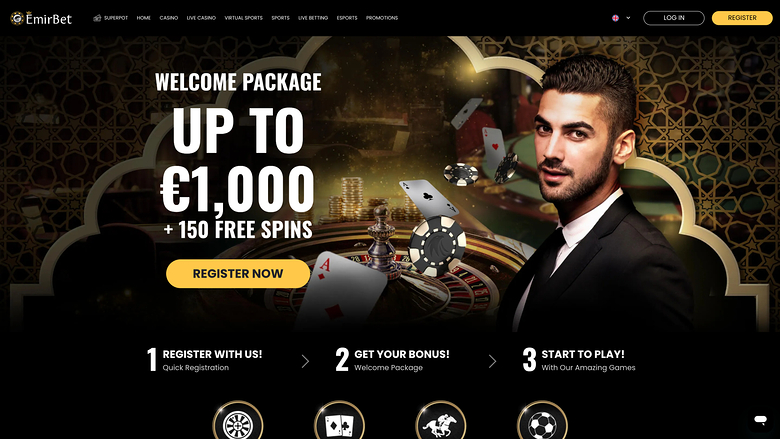 Emirbet casino landing page showing a welcome package offer of up to €1,000 plus 150 free spins with a Register Now button.