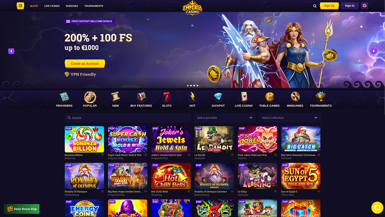 An online casino lobby screen for Zetra Casino showing a welcome bonus hero banner and a grid of game tiles.