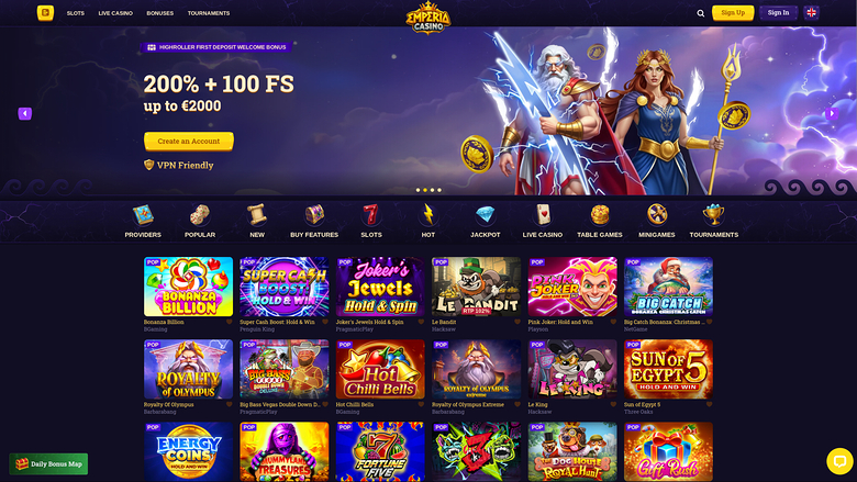 An online casino homepage shows a welcome bonus hero banner above a lobby grid of game tiles and a category menu.
