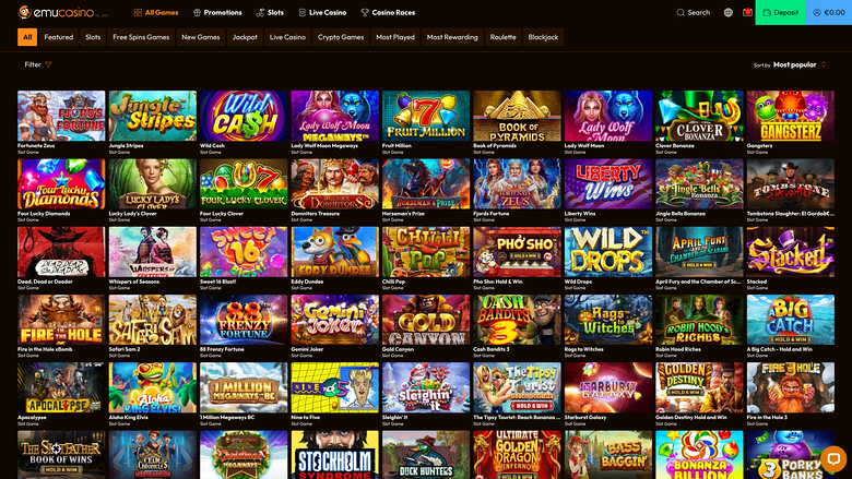An online casino lobby page showing a grid of game thumbnails with category tabs and a top navigation bar.