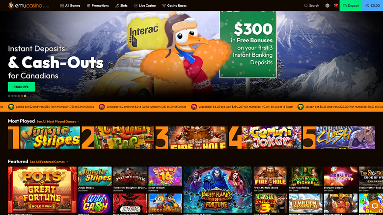 An online casino homepage shows a promotional hero banner for instant banking deposits, a live winners ticker, a Most Played row and a Featured games grid.