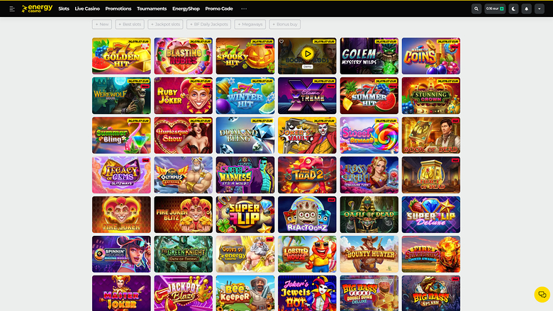 An online casino lobby page showing a grid of game tiles under a top navigation bar and filter tabs.