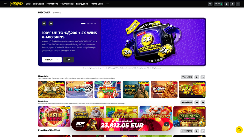 An online casino lobby homepage showing a welcome bonus hero banner, new and best slot game rows, a jackpot counter and a provider section.