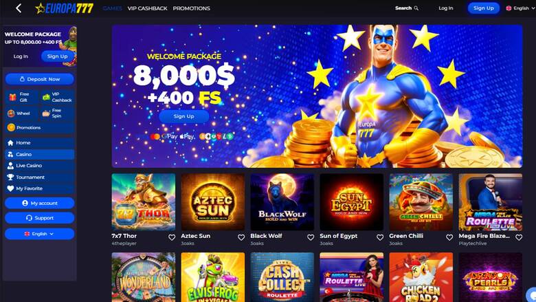 An online casino lobby for Europa777 showing a welcome package hero banner and rows of game tiles.