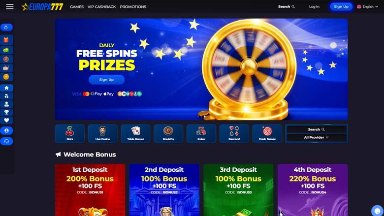 An online casino homepage showing a 'Daily Free Spins Prizes' hero banner, a game category row and a four-step welcome bonus section.