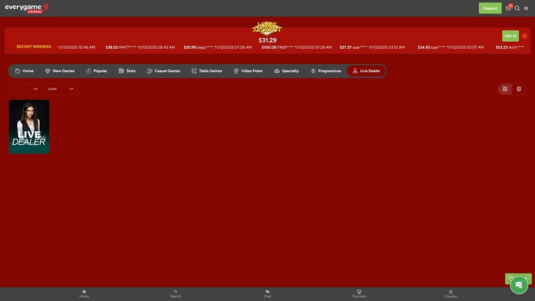 Everygame Casino — Live dealer lobby