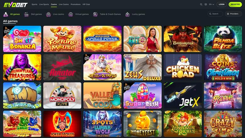 An online casino lobby screenshot showing a grid of game tiles under an 'All games' tab with category filters and a top navigation bar.