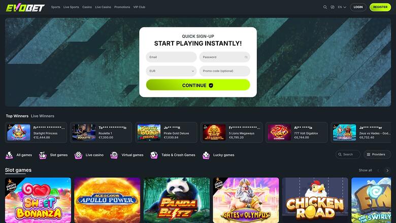 An online casino homepage showing a quick sign-up form over a dark teal hero banner, a winners ticker, category tabs and a row of slot game tiles.