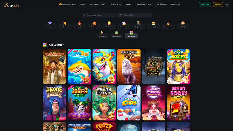 A desktop casino lobby screenshot showing a top navigation bar, a search and filter row, category icons, and a grid of game tiles under an All Games heading.
