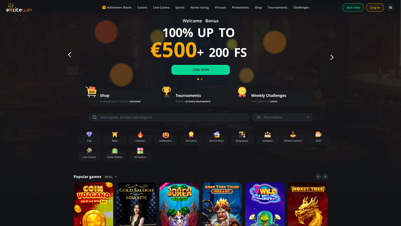 A desktop online casino homepage shows a welcome bonus hero banner, category icons, a search bar and a row of popular game tiles.