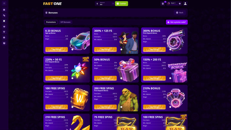 F1 Casino — Promotions page