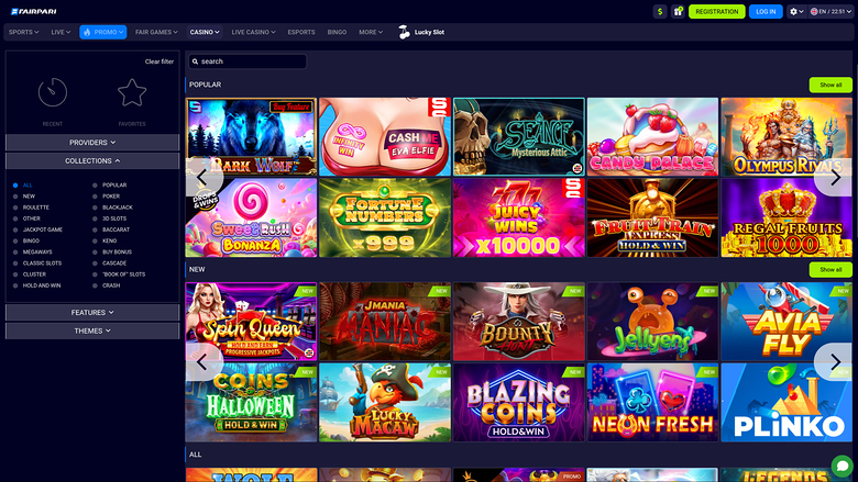 A casino lobby screen on the BetMania site showing a left filter sidebar and grids of game tiles under Popular and New sections.