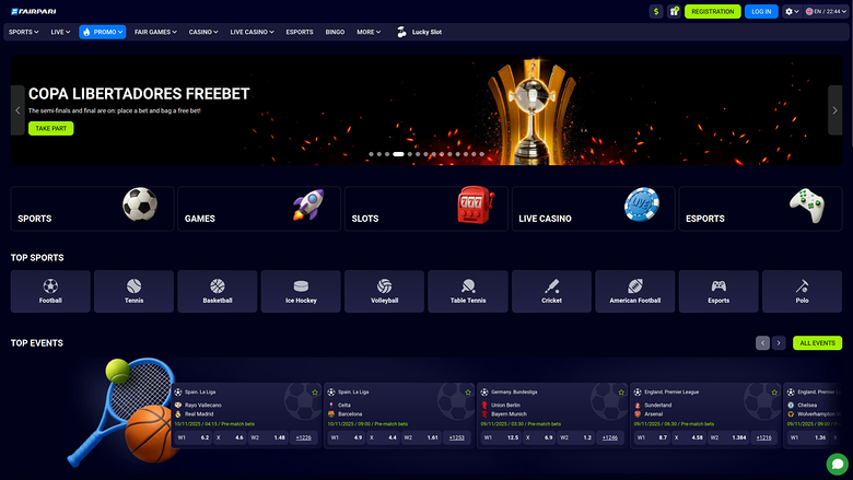 A FanDuel casino and sportsbook lobby screen showing a Copa Libertadores freebet banner, sport and game category tiles, and a list of top events with betting od