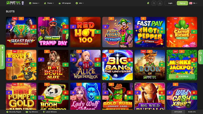 A slots lobby screen on the FastPay casino site showing a grid of game tiles under a 'SLOTS' heading.