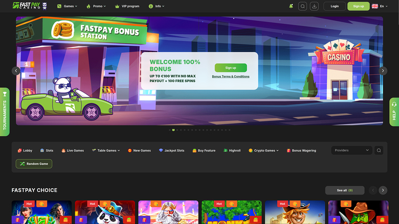 Fastpay Casino homepage showing a welcome bonus hero banner, a lobby category bar, and a row of game tiles under the heading Fastpay Choice.