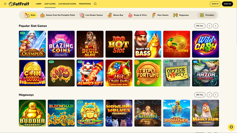 A FatFruit online casino lobby shows a top navigation bar, a row of category tabs, and two game sections titled Popular Slot Games and Megaways.