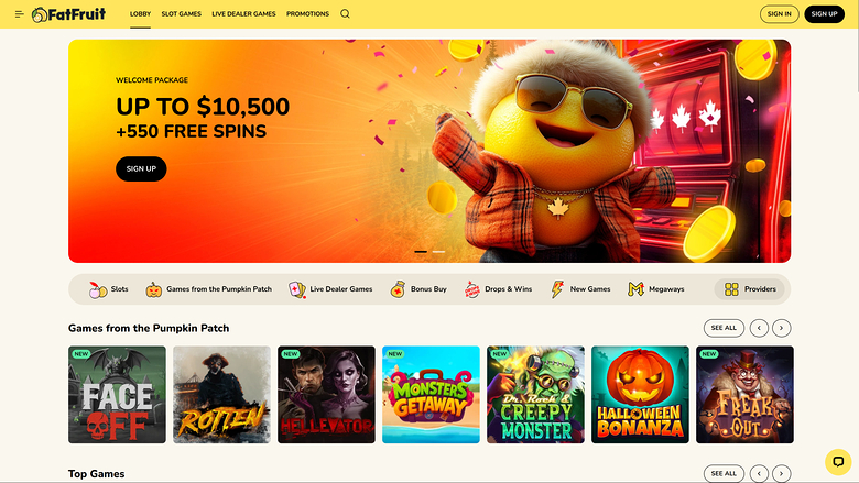 A FatFruit online casino homepage showing a welcome package hero banner and a row of Halloween-themed game tiles.