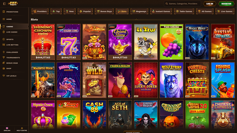 An online casino lobby showing a Slots category with a grid of game tiles and a left-hand navigation menu.