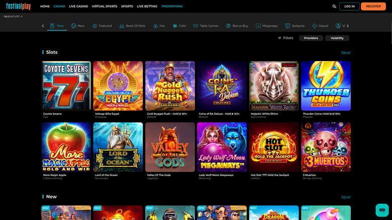 A desktop online casino lobby showing a 'Slots' section with twelve game tiles and the start of a 'New' section below.