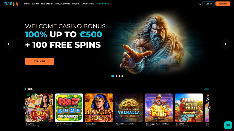 {"summary":"A dark-themed online casino homepage shows a welcome bonus hero banner and a row of game tiles under a Top section.","colours":"Dominant black and d