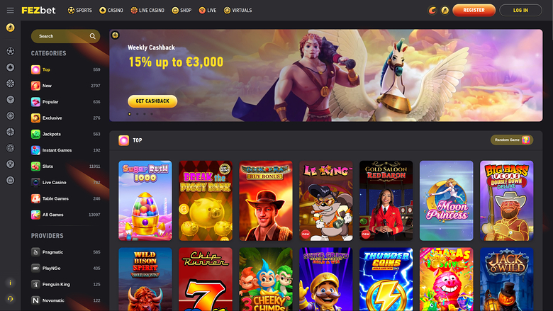 Fezbet online casino lobby showing a weekly cashback banner and a grid of game tiles under a Top section.