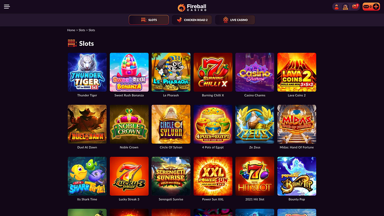 A casino lobby slots page showing a grid of game tiles under a top navigation bar.