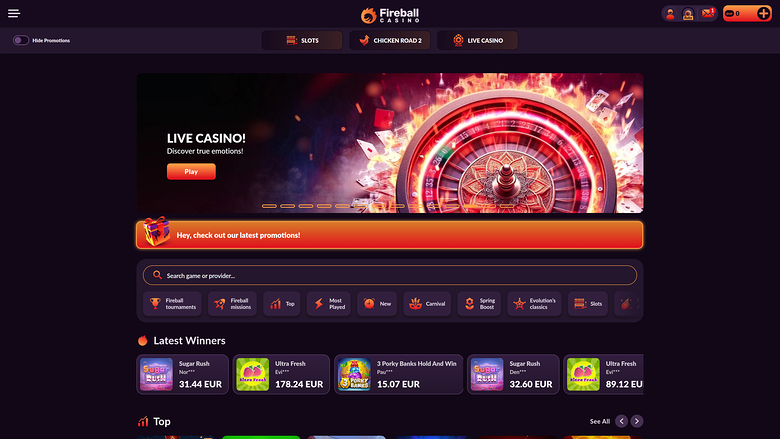 A dark-themed online casino homepage shows a live casino hero banner, a promotions strip, a search bar with category filters, and rows of latest winners and top