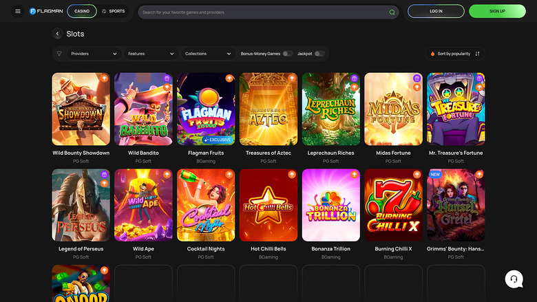 A casino lobby 'Slots' screen showing a grid of game tiles with filter controls and a top navigation bar.
