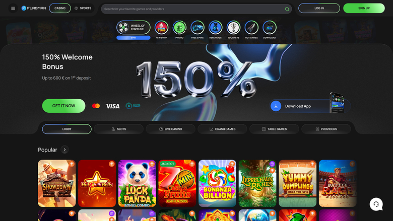 A casino homepage showing a 150% welcome bonus hero banner, a game category tab bar and a row of popular game tiles.