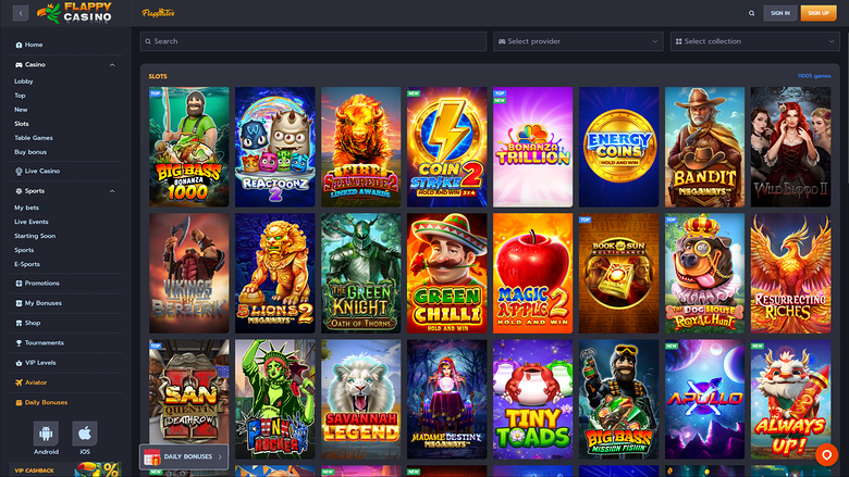 Flappy Casino slots lobby showing a grid of game tiles with a left sidebar menu and top search and filter bars.
