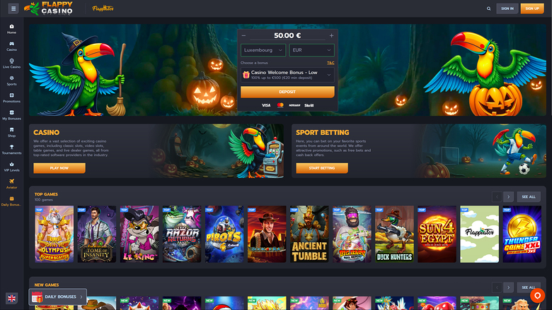 A Flappy Casino lobby page shows a Halloween-themed hero banner with a registration bonus form, casino and sport betting sections, and rows of game tiles.