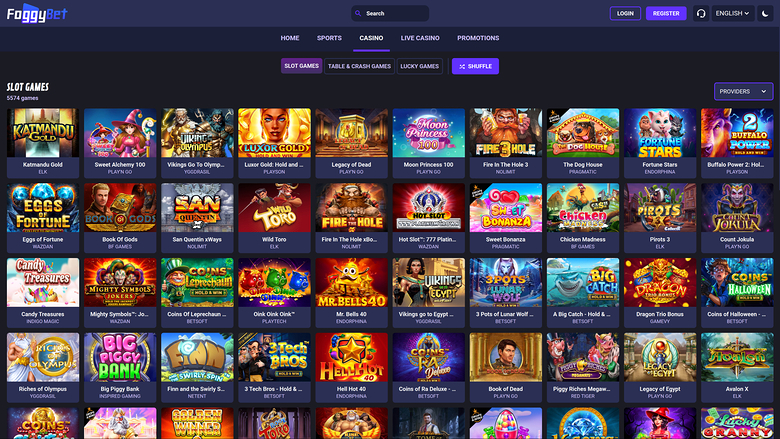 A casino lobby screenshot showing a 'SLOT GAMES' grid of game tiles under a top navigation bar with login and register buttons.