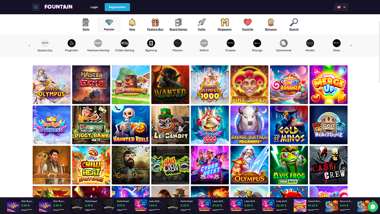 An online casino lobby screen showing a grid of game tiles beneath a category menu and provider row, with a jackpot bar along the bottom.