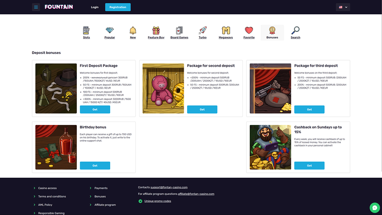 A 'Fountain' casino promotions page displays five deposit and bonus offer cards with 'Get' buttons beneath a horizontal category menu.