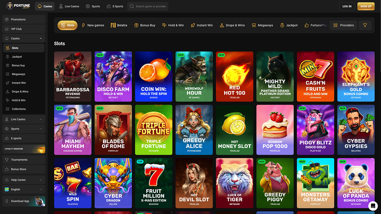 An online casino lobby screen showing a grid of slot game tiles under a 'Slots' heading with a left sidebar menu and top navigation bar.