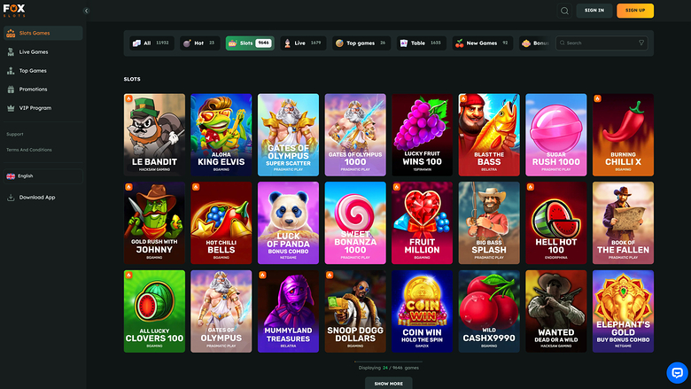 An online casino lobby screen showing a grid of slot game tiles under a 'SLOTS' heading with a left sidebar menu and top filter bar.