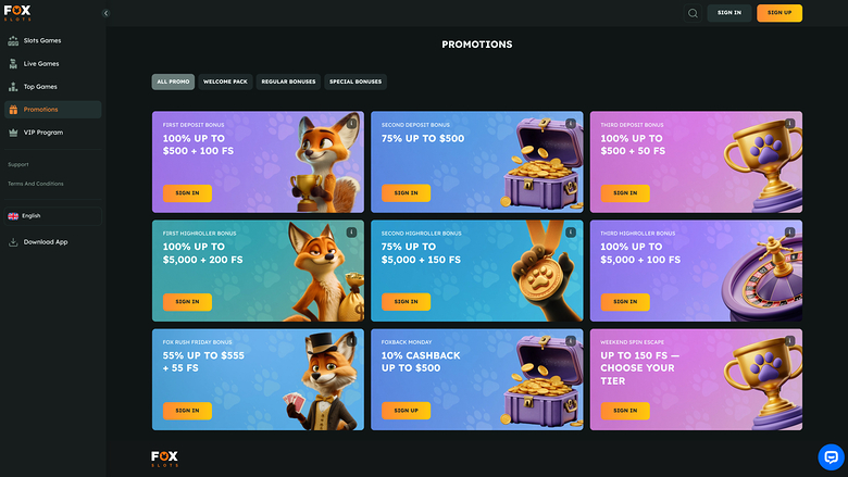 A promotions page on the FOX casino site showing a grid of nine bonus offer cards under a 'PROMOTIONS' heading.