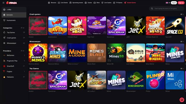 A casino lobby screen on a dark background showing rows of game tiles under Crash games, Minesweeper and Top Games headings, with a left sidebar of categories a